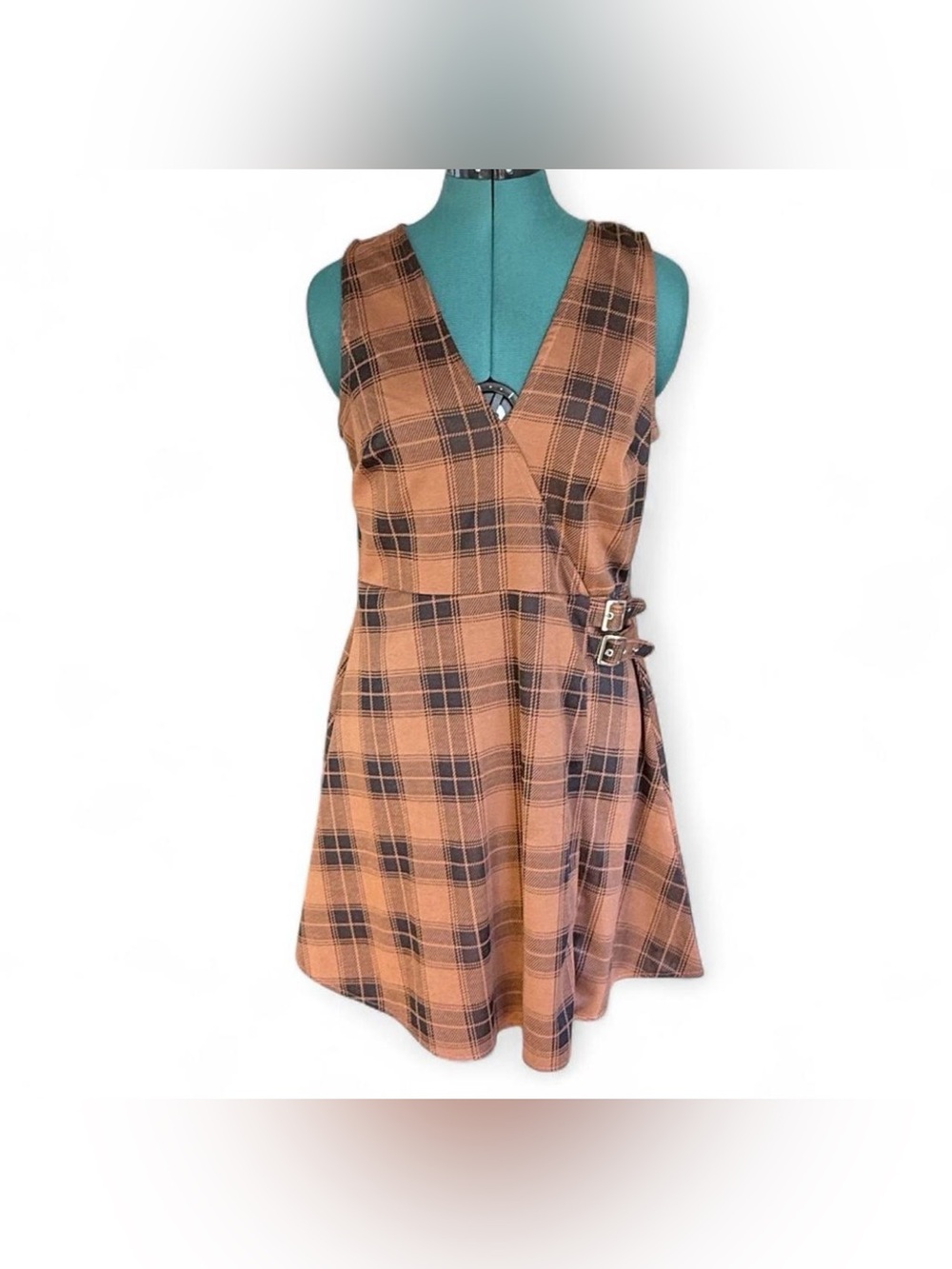 Planet Gold Tan and Black Plaid Wrap-Style Mini Dress with Buckle Detail